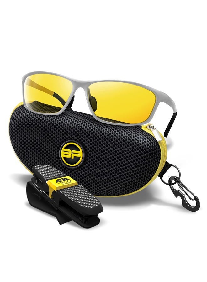 BLUPOND Night Driving Glasses For Men/Women - HD Yellow Vision for Maximum Clarity - Knight Visor (Silver/Black Case, Yellow Amber) - Rally, Silver - Image 1