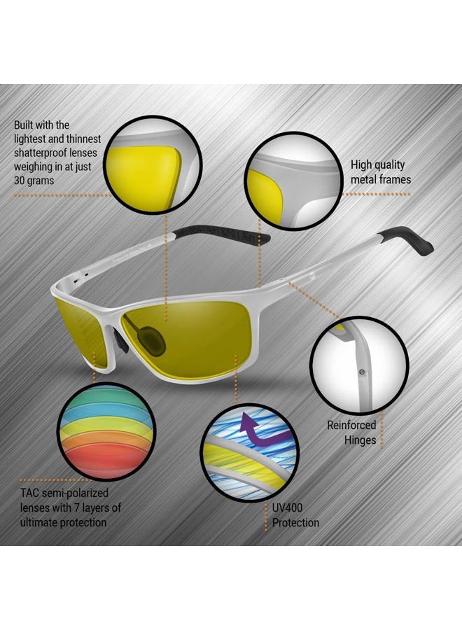 BLUPOND Night Driving Glasses For Men/Women - HD Yellow Vision for Maximum Clarity - Knight Visor (Silver/Black Case, Yellow Amber) - Rally, Silver - Image 5