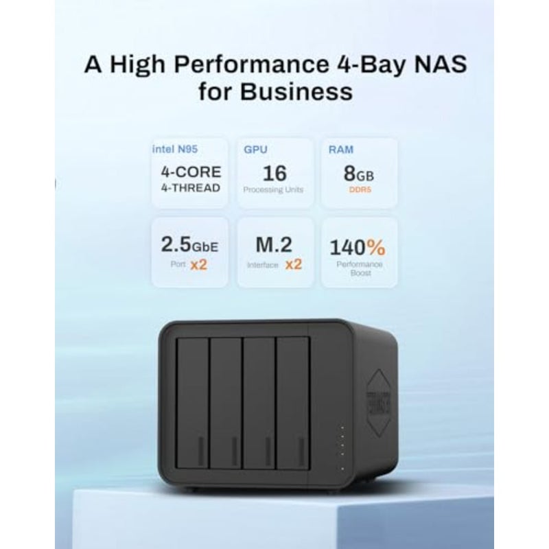 F4-424 4-Bay NAS, N95, 8GB DDR5, Dual 2.5GbE, Diskless Dual M.2 NVMe cache and up to 5Gbps link aggregation accelerate simultaneous users and business file sharing. - Image 2