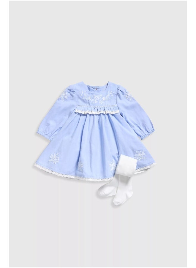 mothercare - Blue Woven Dress and Tights Set - Image 1