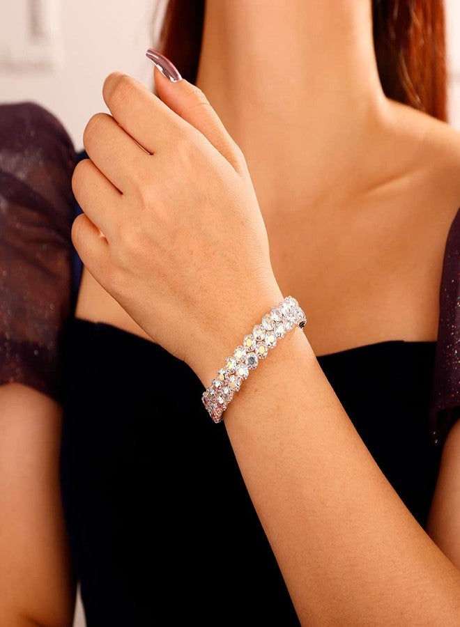Xerling Full Crystal Iridescent Rhinestones Bracelets for Women Silver Layered Hand Chain Bracelets Bridal Wedding Hand Jewelry (AB Crystal-2 Row) - Image 3