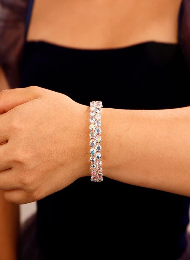 Xerling Full Crystal Iridescent Rhinestones Bracelets for Women Silver Layered Hand Chain Bracelets Bridal Wedding Hand Jewelry (AB Crystal-2 Row) - Image 2