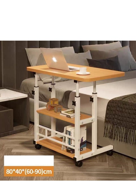 Adjustable Rolling Bedside Laptop Table – 2-Tier Mobile Desk with Storage Shelves, Height Adjustable (60–90cm), 80×40cm