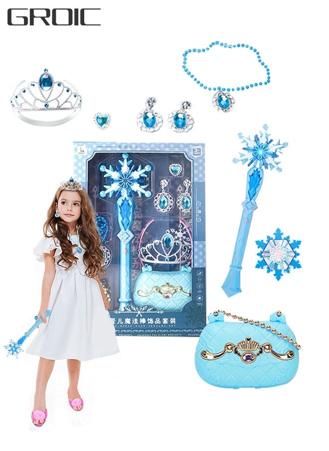 GROIC Princess Dress Up Sets Elsa Magic Stick Princess Fairy Wand Frozen Elsa Flash Music Wand Crown Set Girls Pretend Play Toys with Purse, Jewelry, Magic Wand, Crown  - Image 1