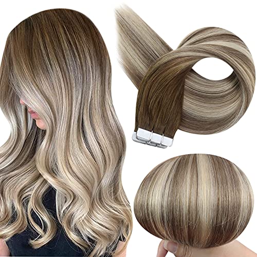 Fshine Full Shine Tape in Hair Extensions 16 Inch Tape Hair Extensions Balayage Color 3 Dark Brown Fading to 8 Ash Brown Highlight 22 Blonde Straight Real Human Hair Tape Ins 50G 20PCS Add Volume - Image 2