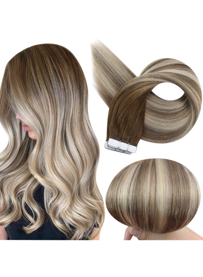 Fshine Full Shine Tape in Hair Extensions 16 Inch Tape Hair Extensions Balayage Color 3 Dark Brown Fading to 8 Ash Brown Highlight 22 Blonde Straight Real Human Hair Tape Ins 50G 20PCS Add Volume - Image 3