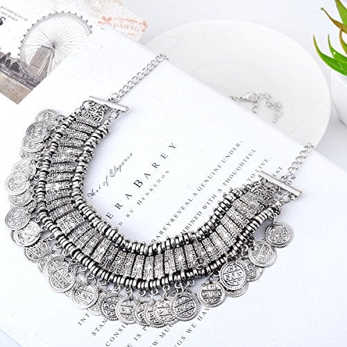 LUREME Vintage Engraved Coin Bib Statement Necklace Clavicle Necklace (01003295) (Antique Silver) - Image 3
