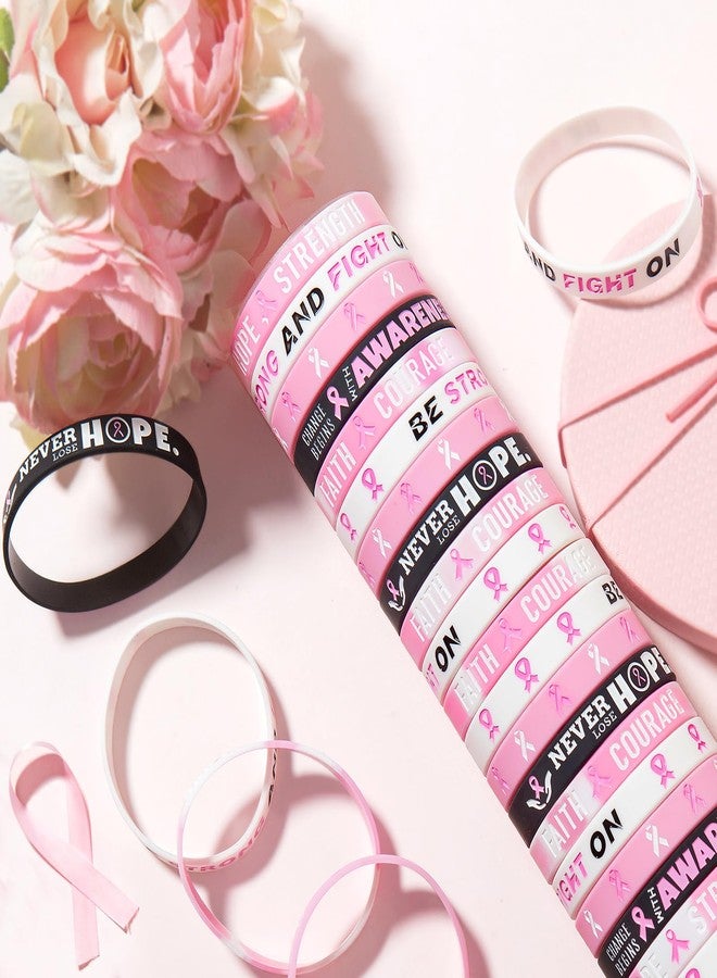 CYCLUSIVE 60 Pieces Breast Cancer Awareness Bracelets Pink Ribbon Silicone Wristbands Hope Courage Strength and Support for Women Gifts Party Favors - Image 2