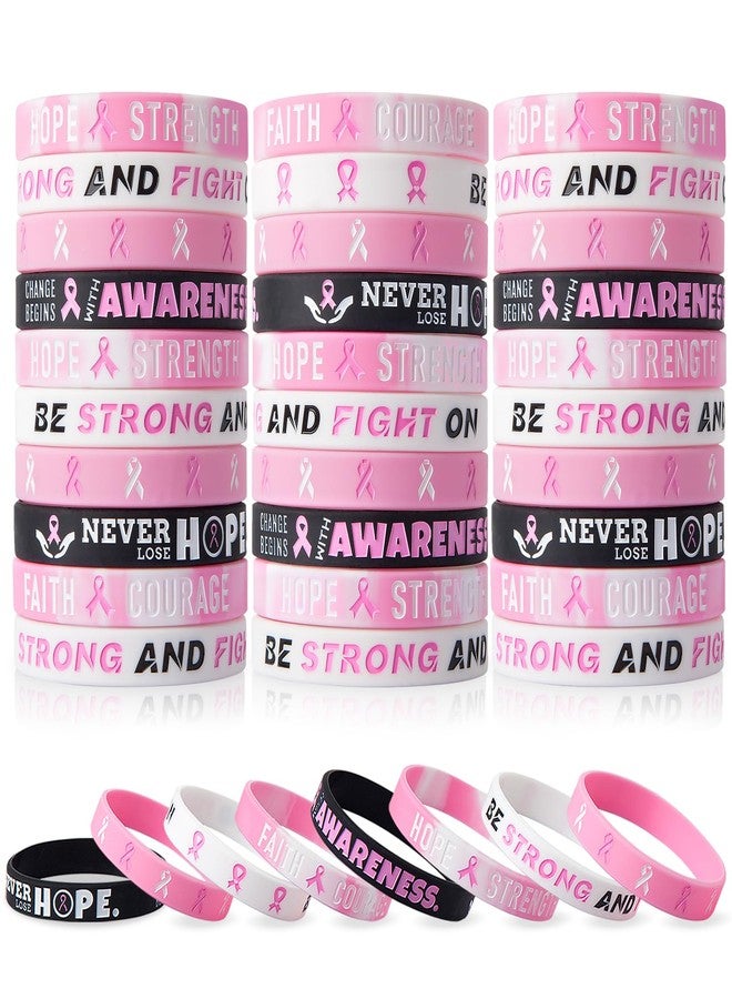 CYCLUSIVE 60 Pieces Breast Cancer Awareness Bracelets Pink Ribbon Silicone Wristbands Hope Courage Strength and Support for Women Gifts Party Favors - Image 1