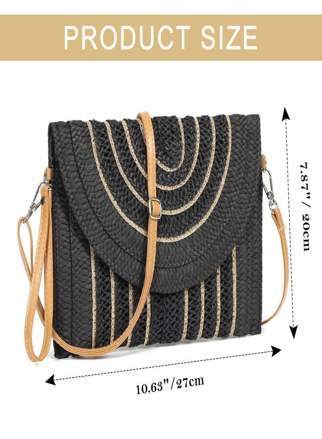 LA CARRIE Beach Bags Straw Purse for Women Shoulder Woven Clutch Envelope Crossbody Bag Handbags for Summer Vacation(Black) - Image 3