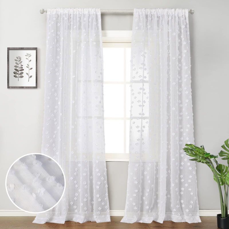 MYSKY HOME Pom Pom White Sheer Curtains for Bedroom Girls Room Curtains for Nursery Kids Light Filtering Boho Window Drapes, Rod Pocket, 52 x 95 Inches, 2 Panels - Image 2