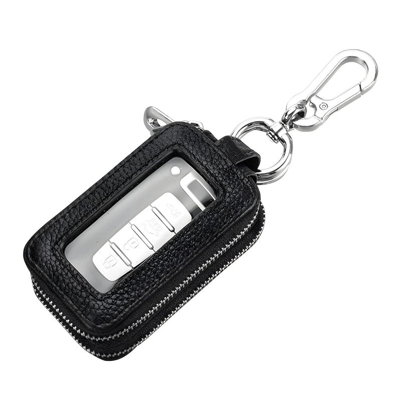 Car Key Fob Case Genuine Leather Remote Keychain Bag with Lanyard and Zipper Closure Key Protection Cover for Men Women Black