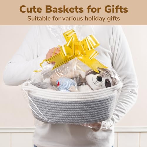 Goodpick Small Woven Storage Basket with Handles, Cotton Rope Baskets for Gifts Empty, Dog Toys, Diapers, Towels, Easter Baskets for Kids, 12" x 8" x 5", Gray - Image 2