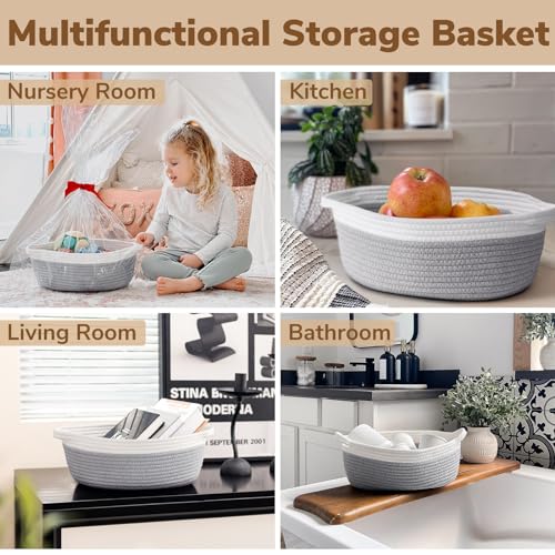 Goodpick Small Woven Storage Basket with Handles, Cotton Rope Baskets for Gifts Empty, Dog Toys, Diapers, Towels, Easter Baskets for Kids, 12" x 8" x 5", Gray - Image 4