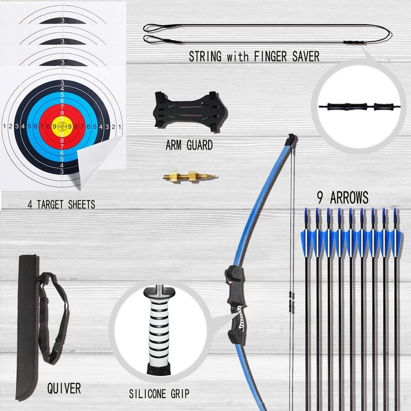 Mxessua 45" Youth Bow and Arrows Set for Kids 8-12 Teens Recurve Archery Beginner Gift Longbow Kit 9 Arrows, 4 Target Face for Backyard Game Age 12-14 14-16 Blue - Image 3