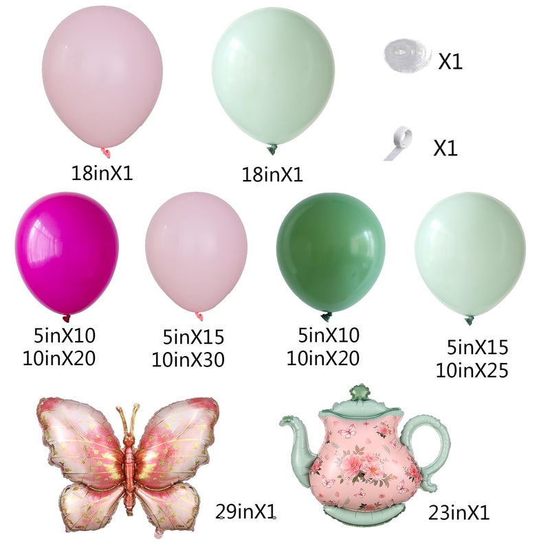 UAEYW Floral Tea Party Decorations 151Pcs Pink Green Let's Partea Balloon Arch Garland Kit with Teapot Butterfly Balloons for Spring Talking Party Tea Themed Birthday Baby Shower Wedding Mother's Day - Image 2