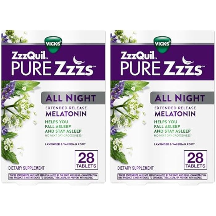 ZzzQuil ز ز ز كويل بيور ز ز زز كل ليلة إفراج ممتد، أقراص مساعدة على النوم بالميلاتونين، تساعدك على البقاء نائماً لفترة أطول، مساعدة على النوم للبالغين، 2 ملغ لكل قرص، 56 قرص إجمالي (2 عبوات من 28)  - Image 1