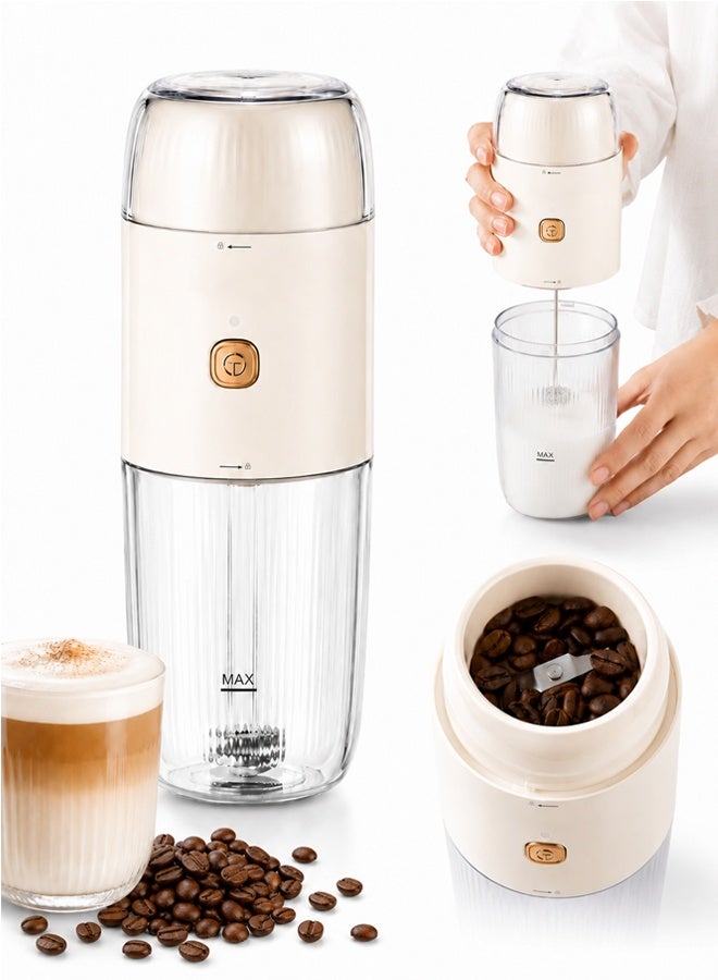 Portable coffee grinder and milk frother 2-in-1, high-speed electric grinder (19000 RPM), 150ml milk frother cup, stainless steel blades, suitable for grinding coffee beans and frothing milk - White - Image 1