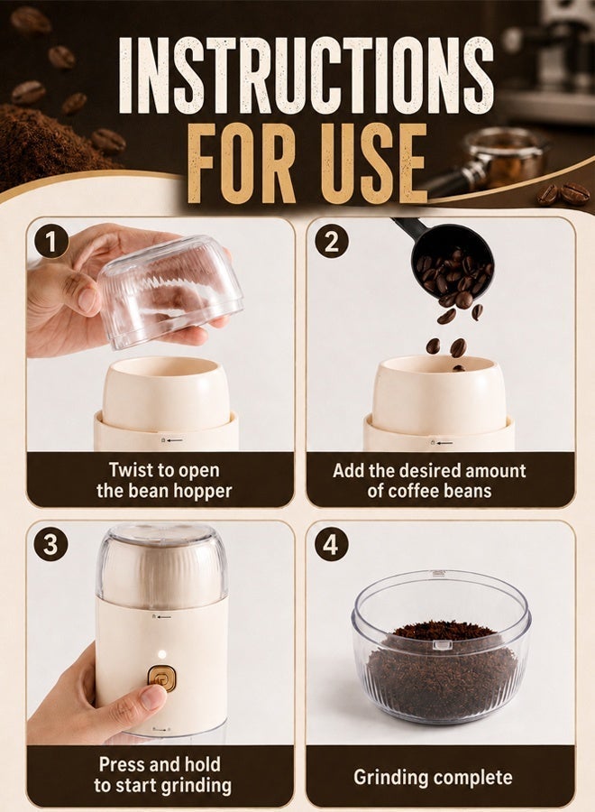 Portable coffee grinder and milk frother 2-in-1, high-speed electric grinder (19000 RPM), 150ml milk frother cup, stainless steel blades, suitable for grinding coffee beans and frothing milk - White - Image 3
