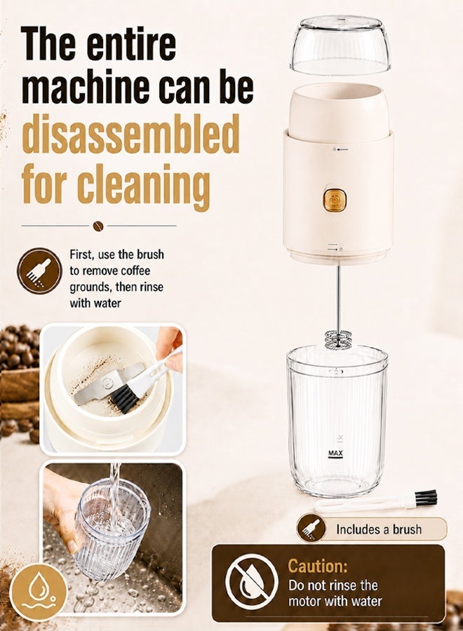 Portable coffee grinder and milk frother 2-in-1, high-speed electric grinder (19000 RPM), 150ml milk frother cup, stainless steel blades, suitable for grinding coffee beans and frothing milk - White - Image 2