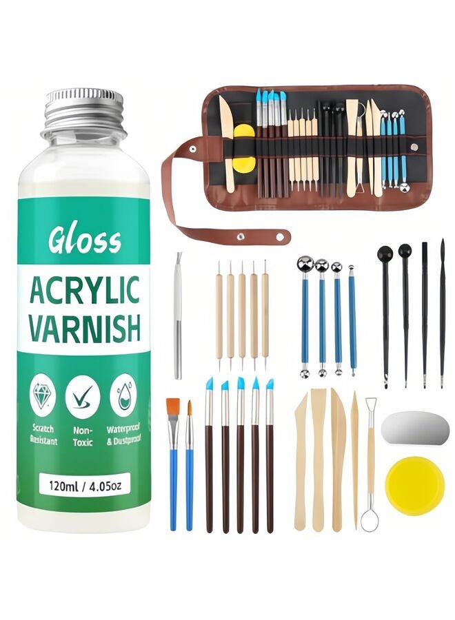 مجموعة أدوات تشكيل الطين، تتضمن 25 قطعة من طلاء الطين الجاف بالهواء، وطلاء طين بوليمر لامع، وورنيش طين، ومجموعة أدوات فخارية للنحت والتشكيل، مقاومة للخدش، سعة 120 مل. - Image 1