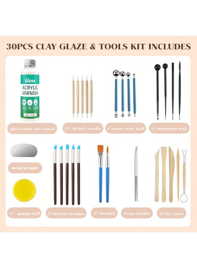 مجموعة أدوات تشكيل الطين، تتضمن 25 قطعة من طلاء الطين الجاف بالهواء، وطلاء طين بوليمر لامع، وورنيش طين، ومجموعة أدوات فخارية للنحت والتشكيل، مقاومة للخدش، سعة 120 مل. - Image 2