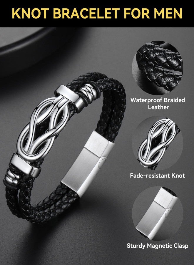 ChainsHouse Ideal Gift for Grandson Black Braided Beaded Leather Cuff Bracelet Infinity Square Knot Mens Leather Bracelet 9.0 Inches Wristband for Men - Image 3