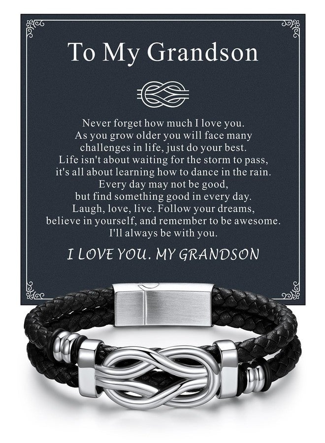 ChainsHouse Ideal Gift for Grandson Black Braided Beaded Leather Cuff Bracelet Infinity Square Knot Mens Leather Bracelet 9.0 Inches Wristband for Men - Image 1