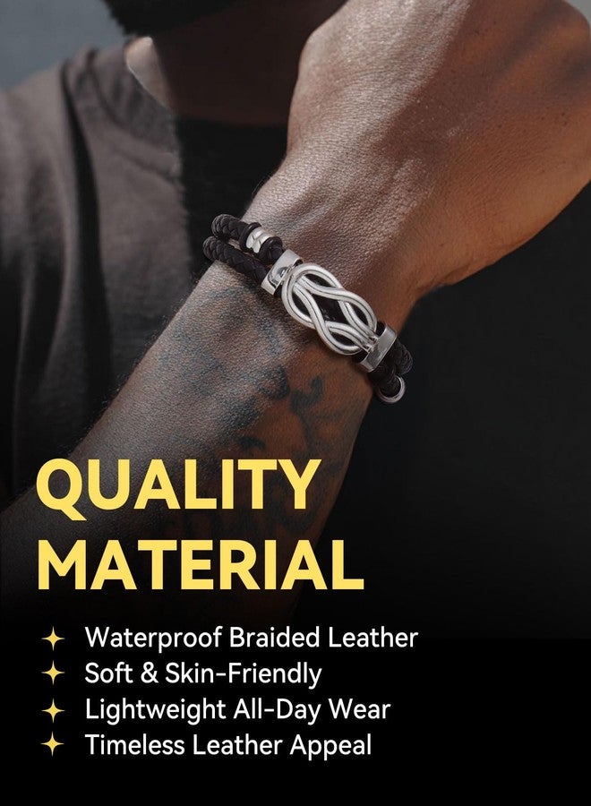 ChainsHouse Ideal Gift for Grandson Black Braided Beaded Leather Cuff Bracelet Infinity Square Knot Mens Leather Bracelet 9.0 Inches Wristband for Men - Image 2