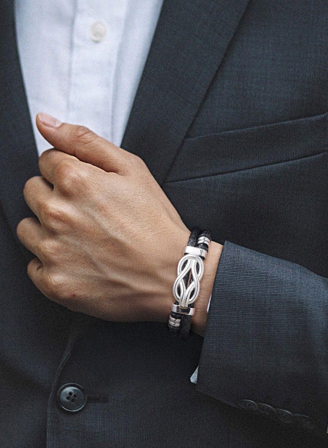 ChainsHouse Ideal Gift for Grandson Black Braided Beaded Leather Cuff Bracelet Infinity Square Knot Mens Leather Bracelet 9.0 Inches Wristband for Men - Image 5