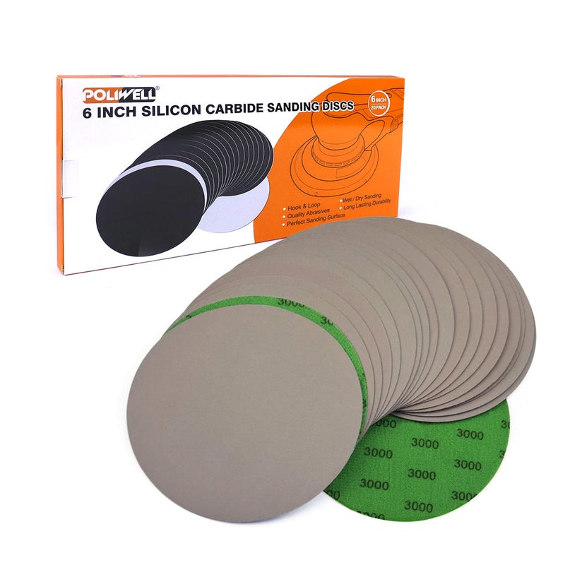POLIWELL 6 Inch (150mm) 3000 Grit High Performance Waterproof Hook & Loop Sanding Discs Heavy Duty Silicon Carbide Round Flocking Sandpaper for Wet/Dry Sanding Grinder Polishing Accessories, 20-Pack - Image 1
