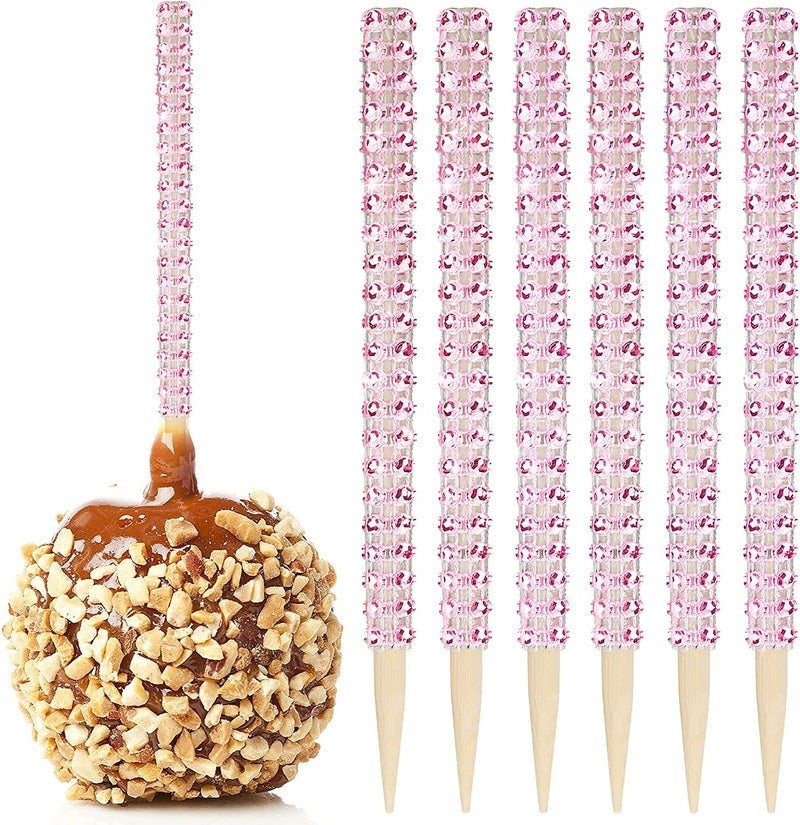 32 PCS Bling Candy Apple Bamboo SticksCaramel Apple Wooden Pointed Skewers with Rhinestones Diamond Mesh WrapFruit Treats Pop Dec Bar for Dessert Table Tea Party Birthday Wedding Christmas Blue