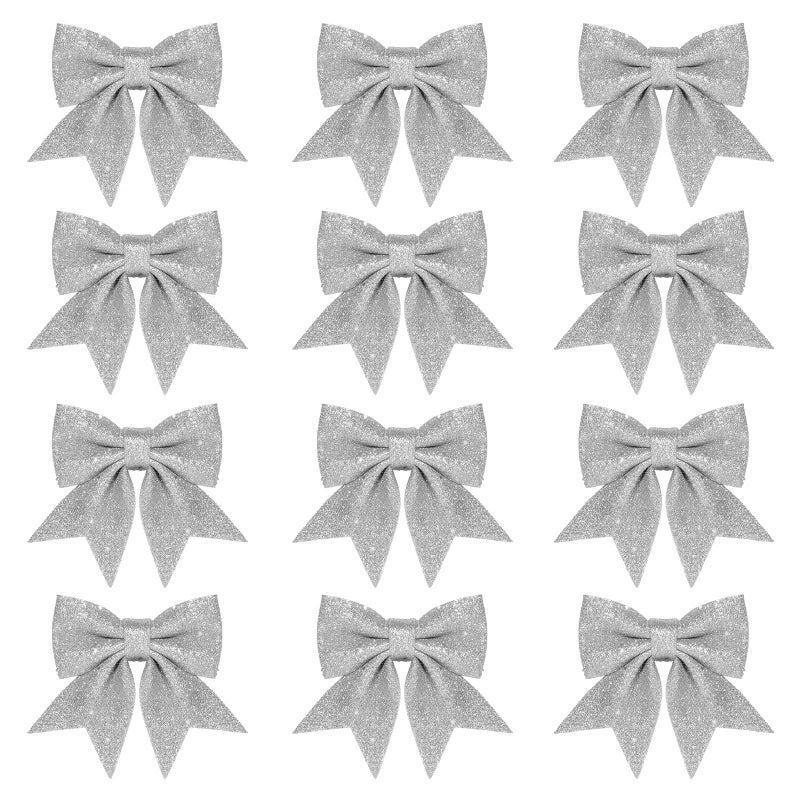 Whaline 12 x Christmas Tree Decoration Bows 14cm Silver