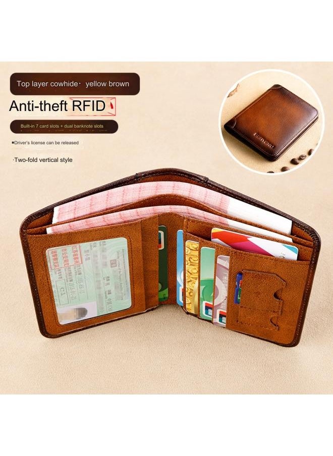 بانيانو محفظة رجالية من الجلد الطبيعي RFID مضادة للسرقة، محفظة عمودية من جلد البقر من الطبقة الأولى باللون الأصفر والبني  - Image 1