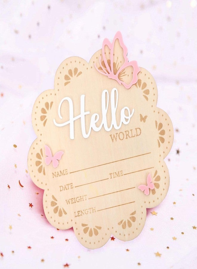 JDRGJTH Newborn Announcement Sign, 6.29 Inch Wooden Pink Butterfly Hello World Newborn Sign, Birth Announcement Sign for Hospital Baby Shower Home Nursery Gift Photo Props - Image 5