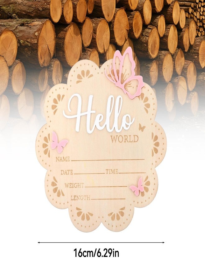 JDRGJTH Newborn Announcement Sign, 6.29 Inch Wooden Pink Butterfly Hello World Newborn Sign, Birth Announcement Sign for Hospital Baby Shower Home Nursery Gift Photo Props - Image 2
