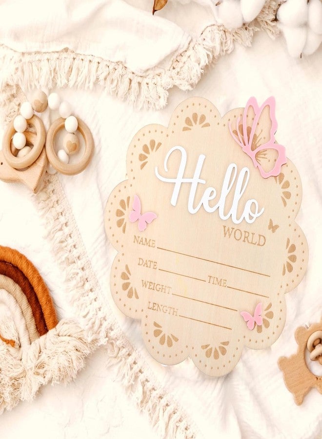 JDRGJTH Newborn Announcement Sign, 6.29 Inch Wooden Pink Butterfly Hello World Newborn Sign, Birth Announcement Sign for Hospital Baby Shower Home Nursery Gift Photo Props - Image 3