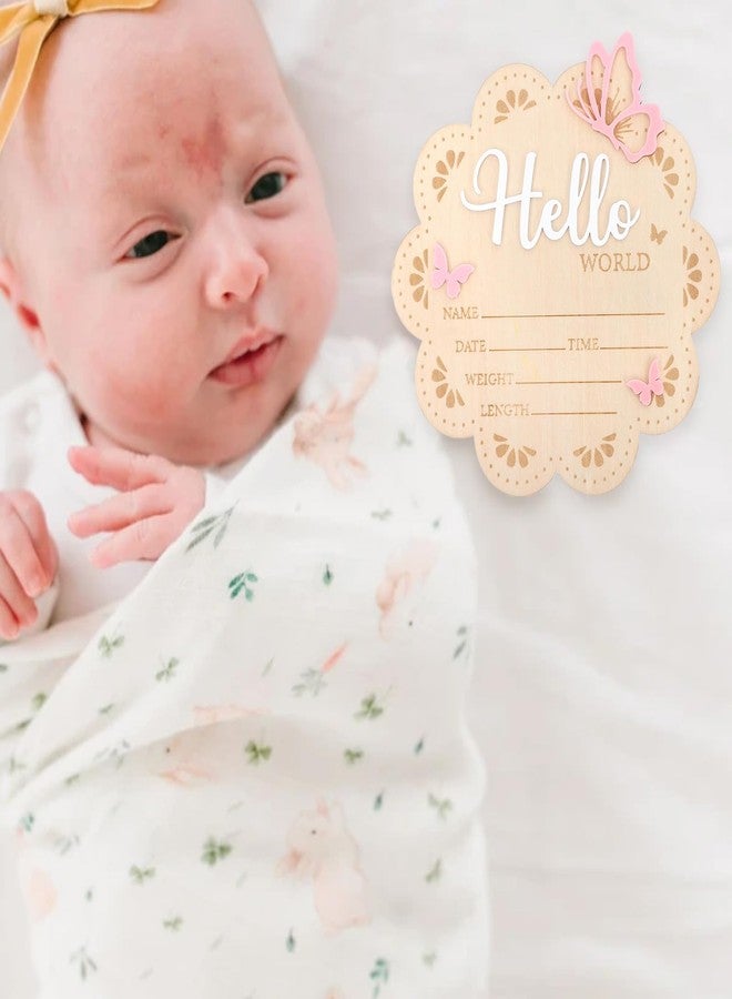 JDRGJTH Newborn Announcement Sign, 6.29 Inch Wooden Pink Butterfly Hello World Newborn Sign, Birth Announcement Sign for Hospital Baby Shower Home Nursery Gift Photo Props - Image 4