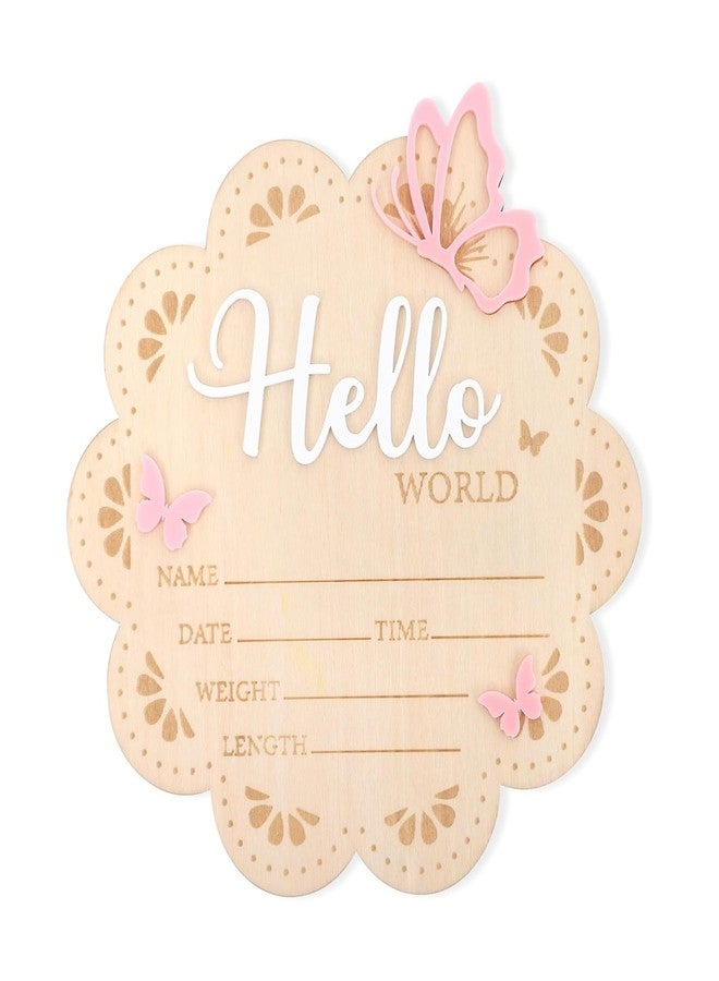 JDRGJTH Newborn Announcement Sign, 6.29 Inch Wooden Pink Butterfly Hello World Newborn Sign, Birth Announcement Sign for Hospital Baby Shower Home Nursery Gift Photo Props - Image 1