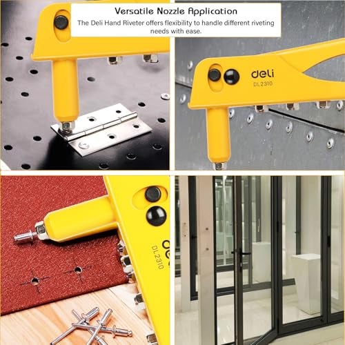 Deli DL2310 10" Hand Rivet Gun Cr-Mo Alloy Steel x cv Construction with 2.4-4.8mm Replaceable Nozzles Ergonomic Heavy Duty Riveter Designed for DIY and Professional Use (1Pc, Yellow and Black) - Image 5