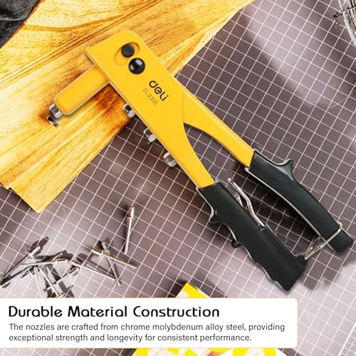 Deli DL2310 10" Hand Rivet Gun Cr-Mo Alloy Steel x cv Construction with 2.4-4.8mm Replaceable Nozzles Ergonomic Heavy Duty Riveter Designed for DIY and Professional Use (1Pc, Yellow and Black) - Image 2