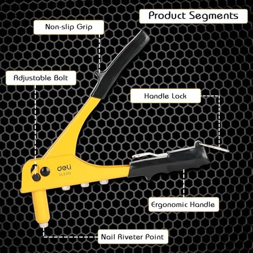 Deli DL2310 10" Hand Rivet Gun Cr-Mo Alloy Steel x cv Construction with 2.4-4.8mm Replaceable Nozzles Ergonomic Heavy Duty Riveter Designed for DIY and Professional Use (1Pc, Yellow and Black) - Image 3
