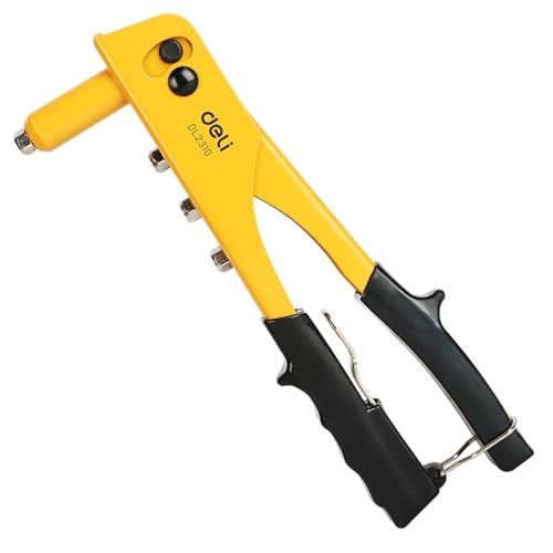 Deli DL2310 10" Hand Rivet Gun Cr-Mo Alloy Steel x cv Construction with 2.4-4.8mm Replaceable Nozzles Ergonomic Heavy Duty Riveter Designed for DIY and Professional Use (1Pc, Yellow and Black) - Image 1