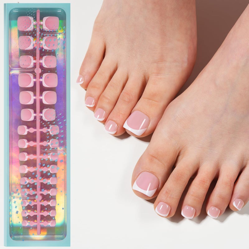 Vansiho Press on Toenails Short, Pink White French Tips Toenail Press on Square for Women, Soft Gel Fake Toe Nails, Acrylic Nails Soak off Toe Nail Home DIY 15 Sizes - Image 1
