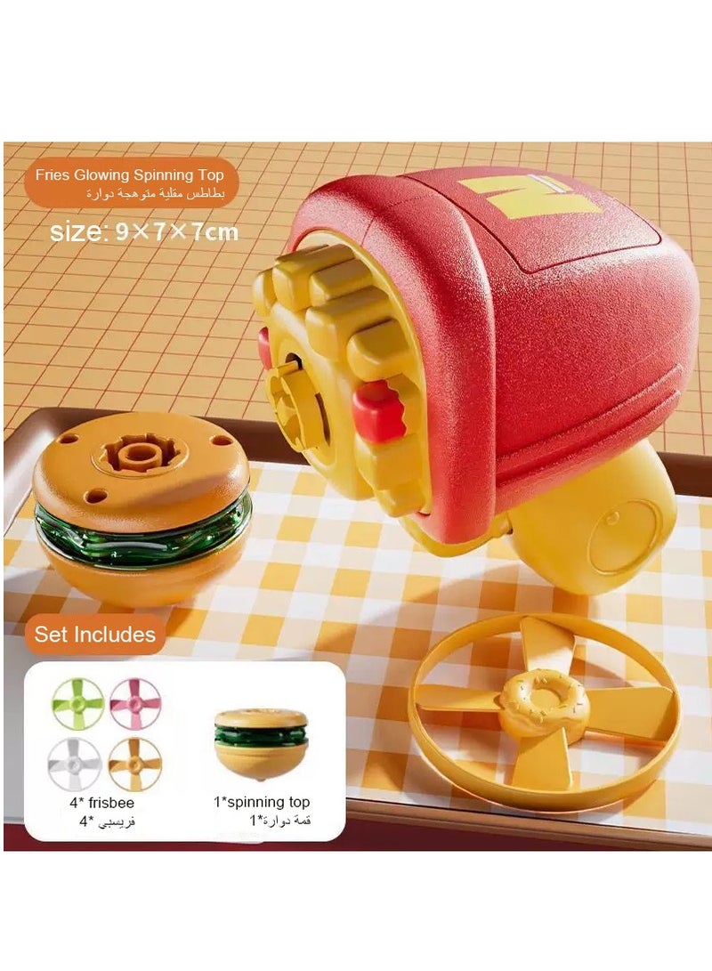 2-in-1 Fries Glowing Spinning Battling Top, UFO Flying Saucer Indoor and Outdoor Frisbee Spinning Toy, Launcher Game Gun Battle Toy for Boys and Girls - Image 1