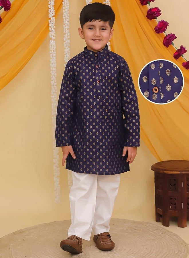 AJ DEZINES Kids Cotton Full Sleeve Foil Printed Blue Kurta Pajama Set for Boys - Ethnic wear | Special Occasion & Traditional Outfit |Boys Kurta Set - Regular Fit (1292-BLUE-9-10Y-9) - Image 2