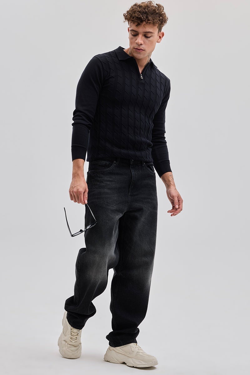 SNITCH Black Zipper Knitted Polo T-Shirt - Image 3