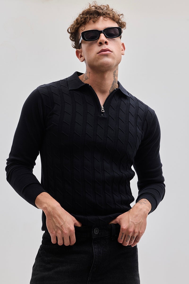 SNITCH Black Zipper Knitted Polo T-Shirt - Image 4