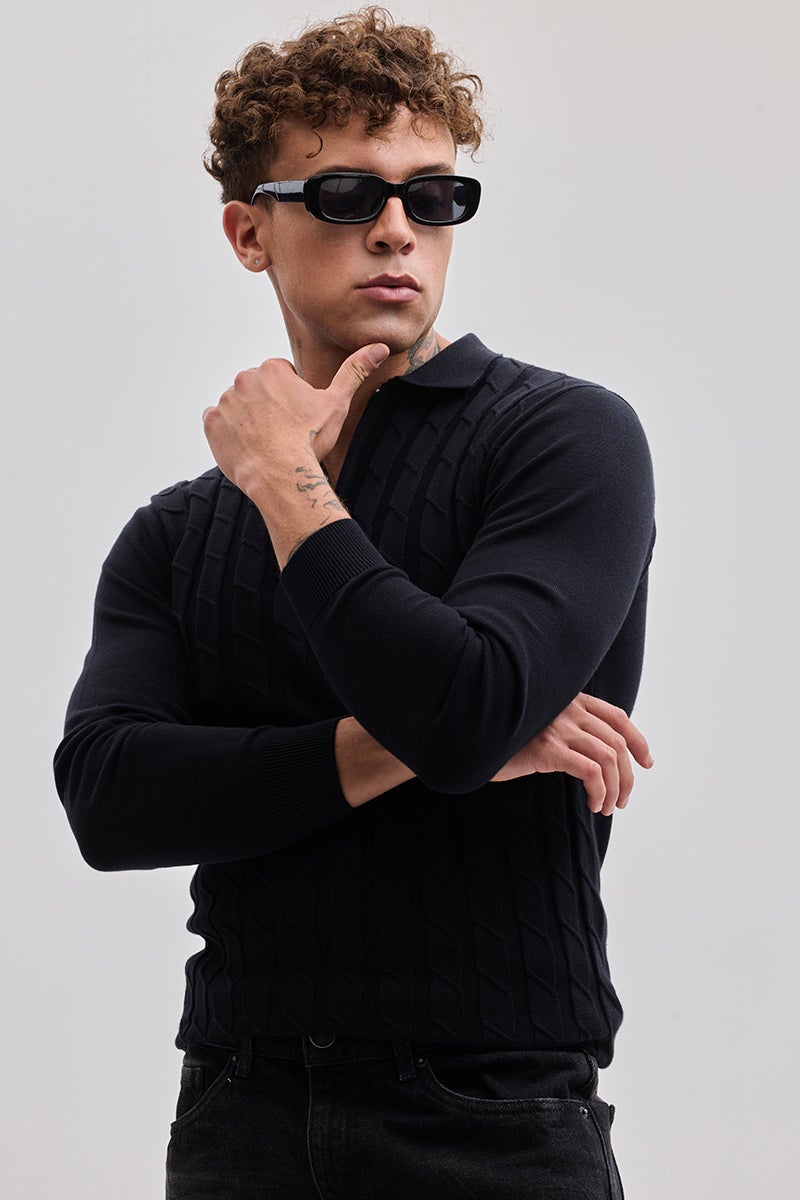 SNITCH Black Zipper Polo T-Shirt - Image 4