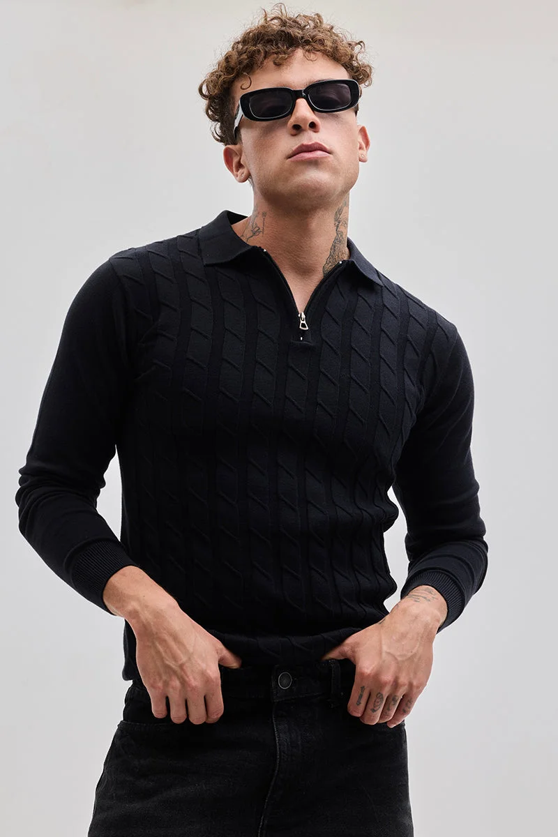 SNITCH Black Zipper Polo T-Shirt